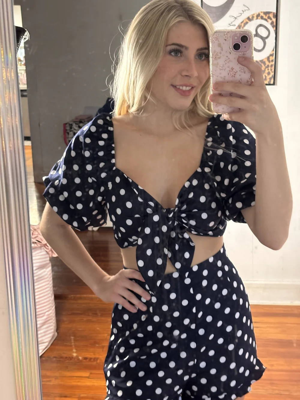 Fashion Nova Navy & White Polka Dot Two-Piece Set